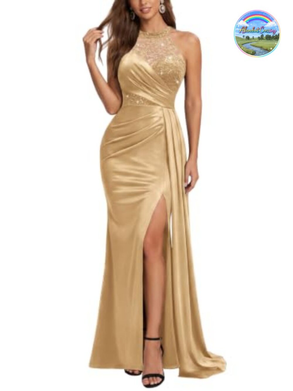 Halter Sequin Lace Satin Evening Party Maxi Dress